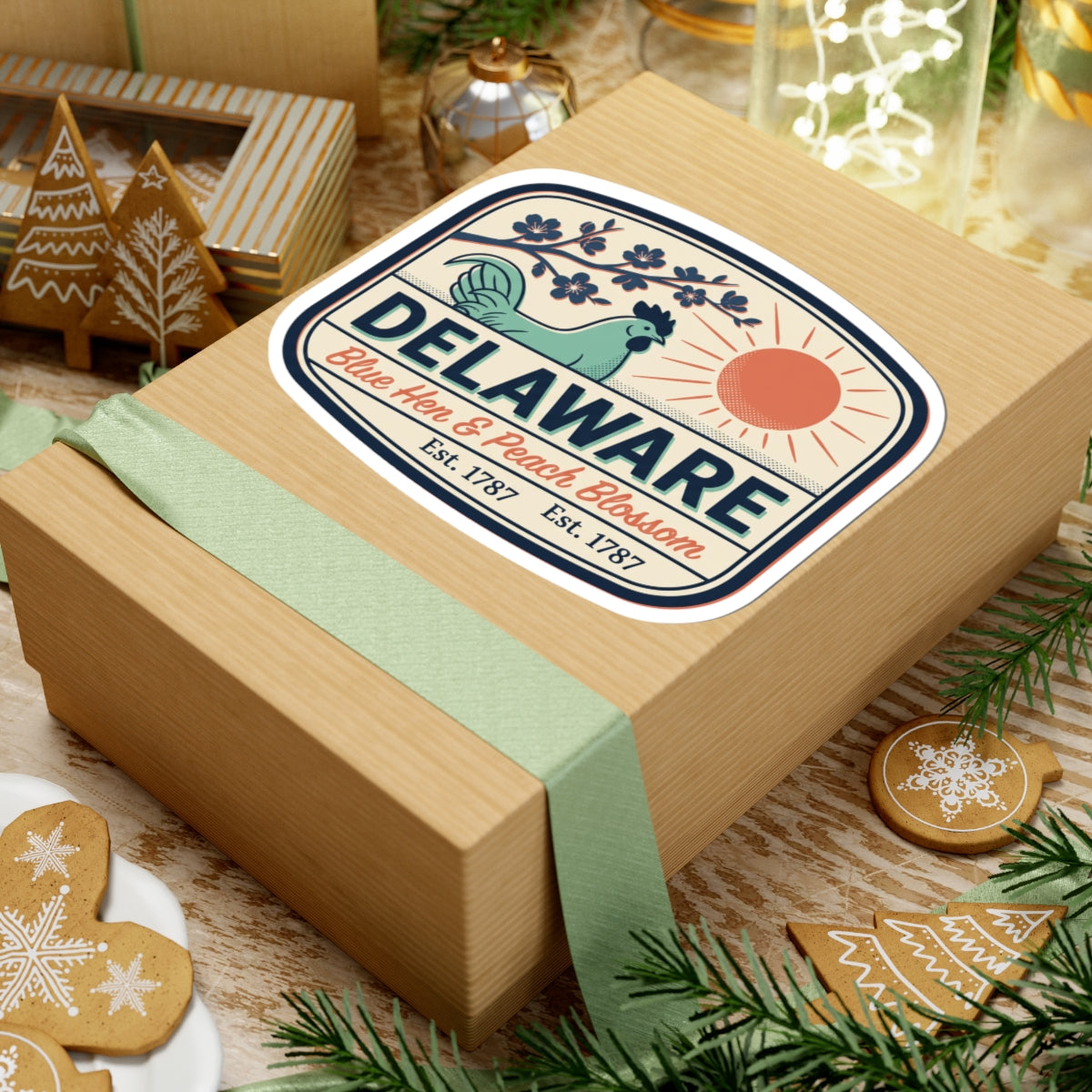 Delaware state badge sticker on gift box, blue hen and peach blossom, Est. 1787