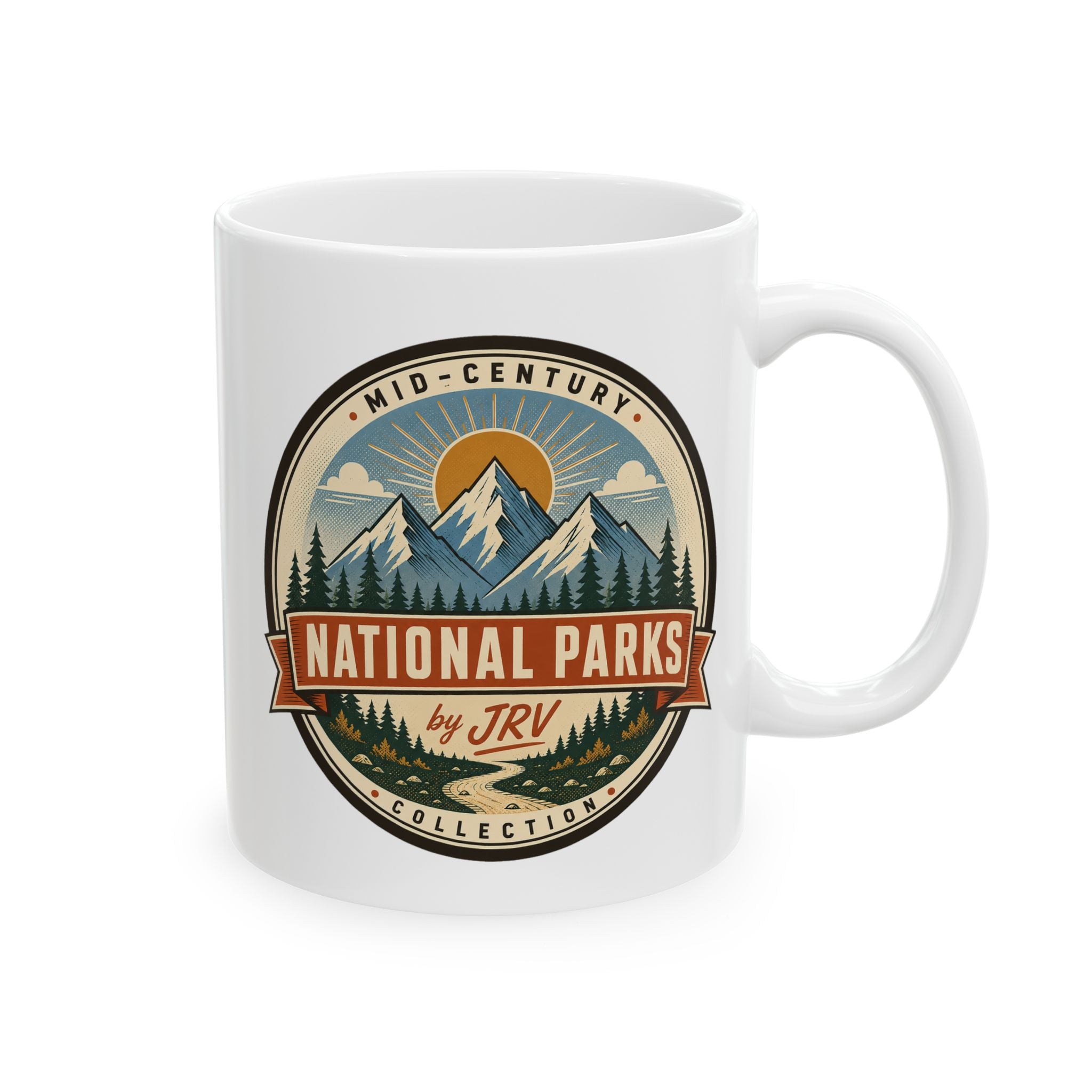 White ceramic coffee mug with MID-CENTURY National Parks by JRW badge