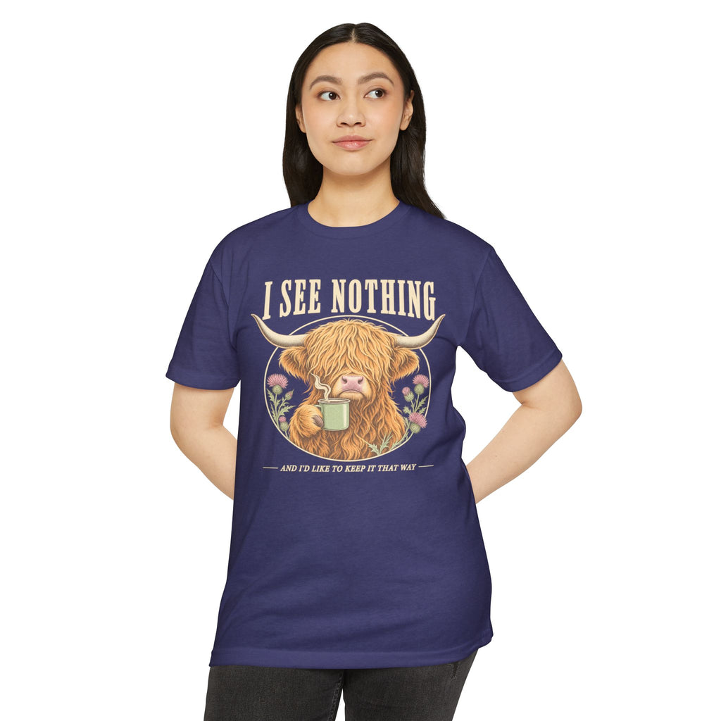 Navy blue crewneck T-shirt with Highland cow graphic and 'I See Nothing' text.