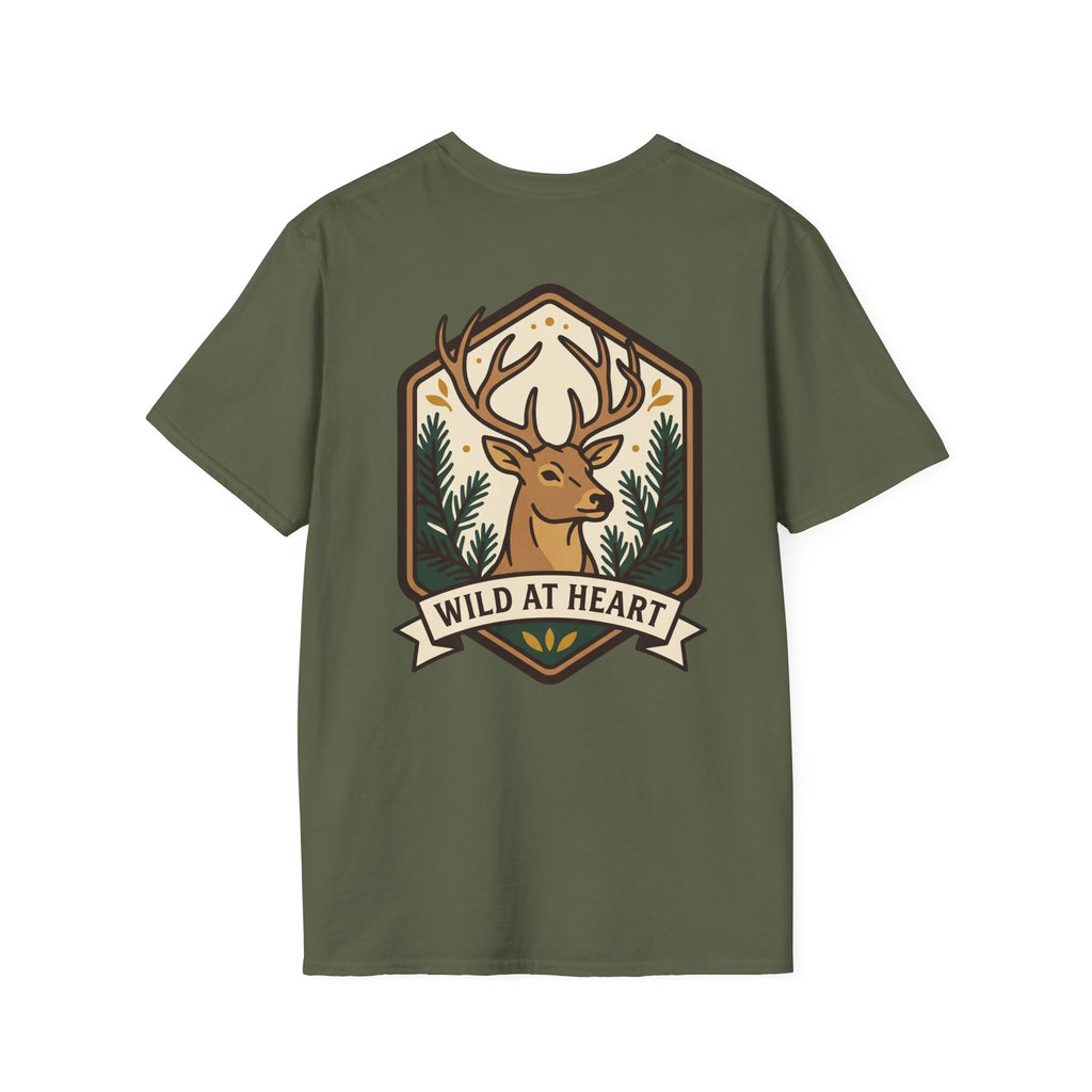 Olive deer badge graphic T-shirt with antlers and 'WILD AT HEART' ribbon