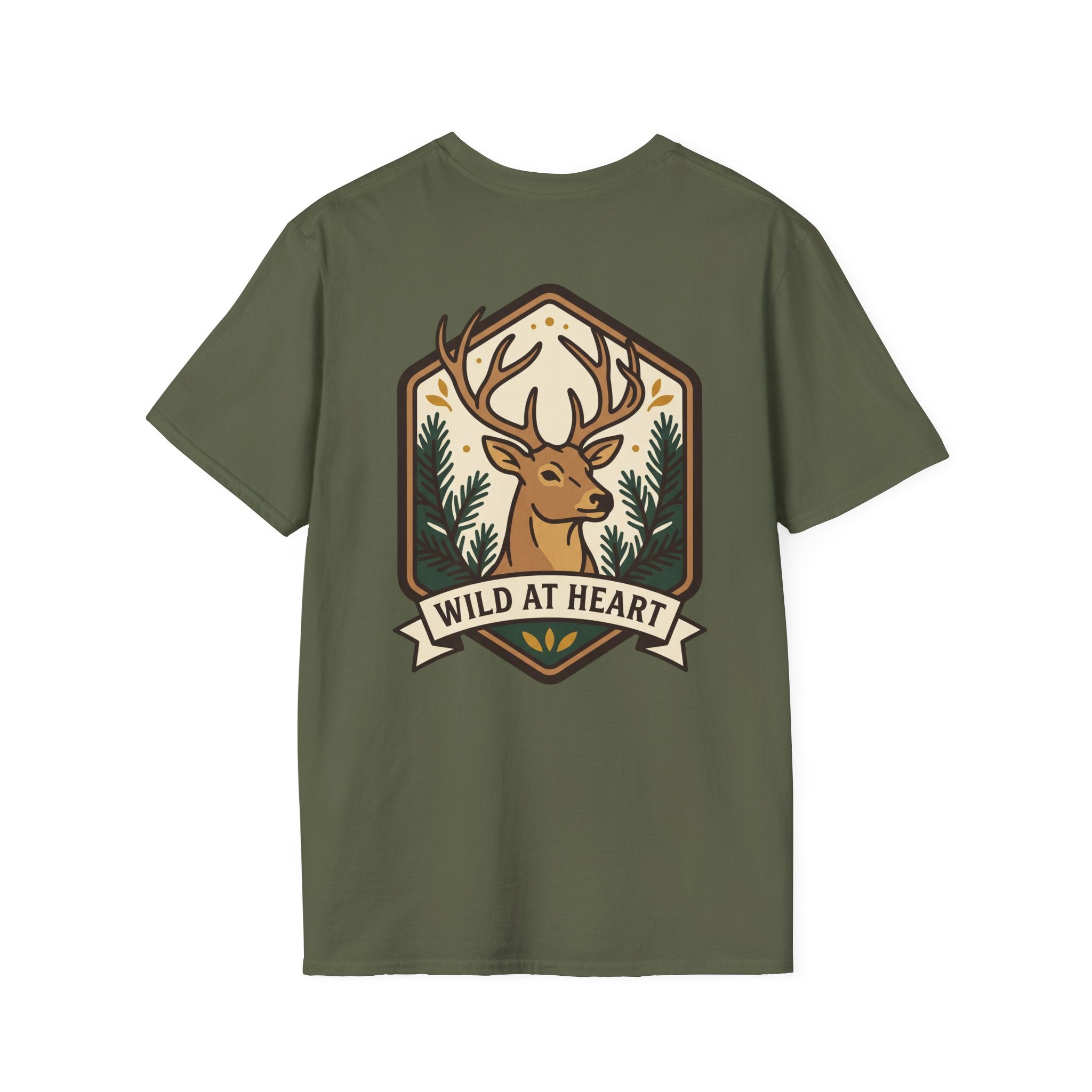 Olive deer badge graphic T-shirt with antlers and 'WILD AT HEART' ribbon