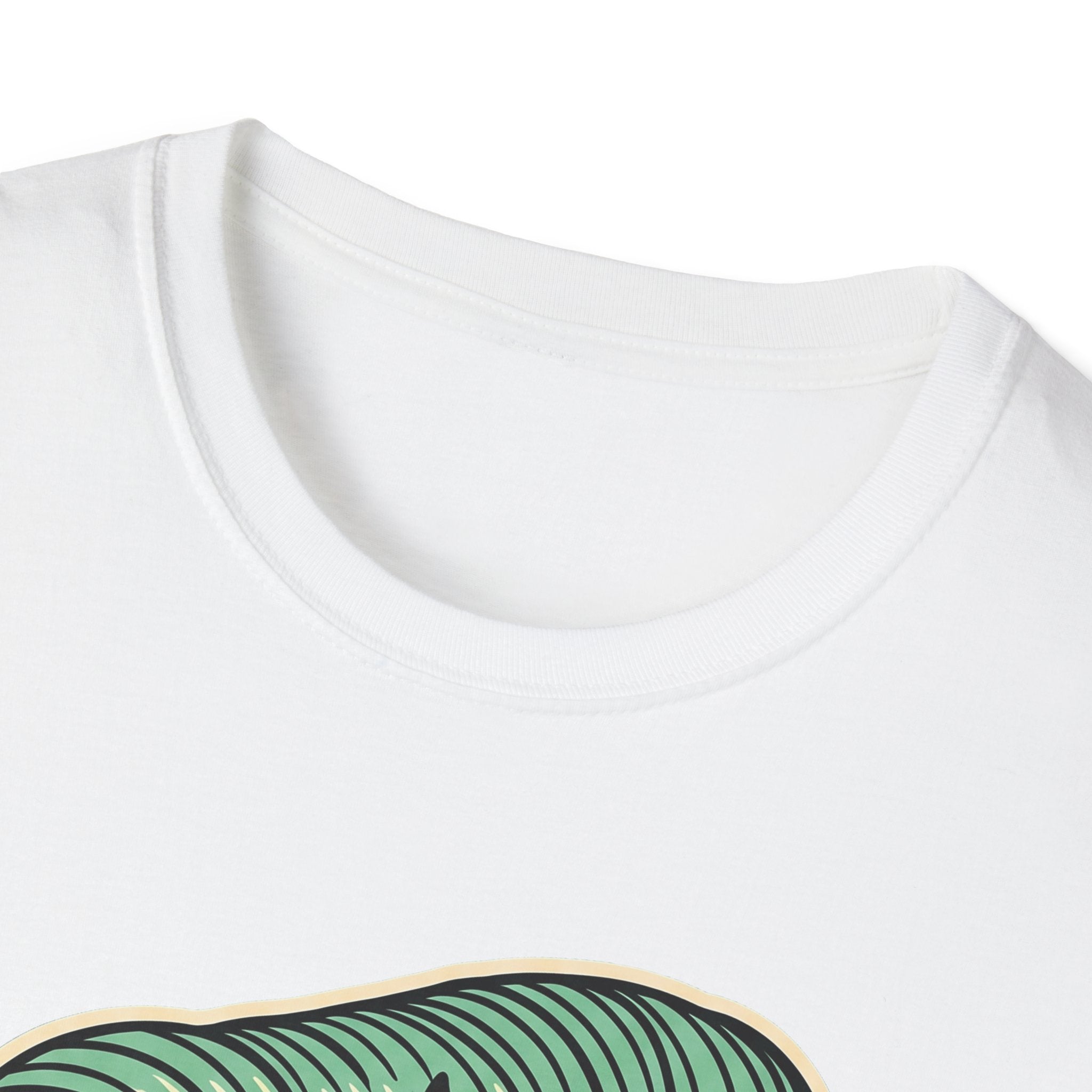 White crew-neck T-shirt close-up of neckline seam and collar