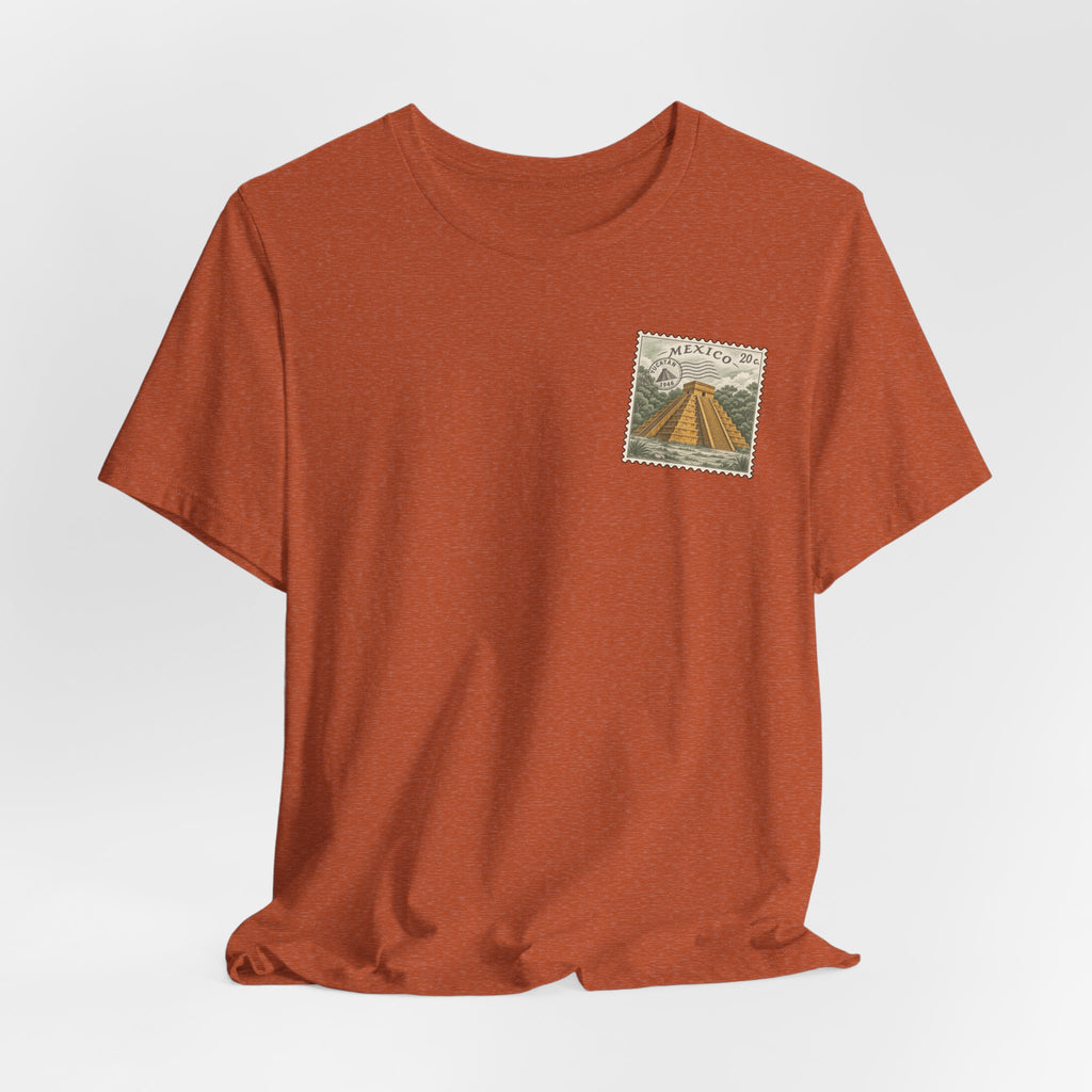 Travel t-shirt, rust orange, front Mexico stamp with pyramid building graphic