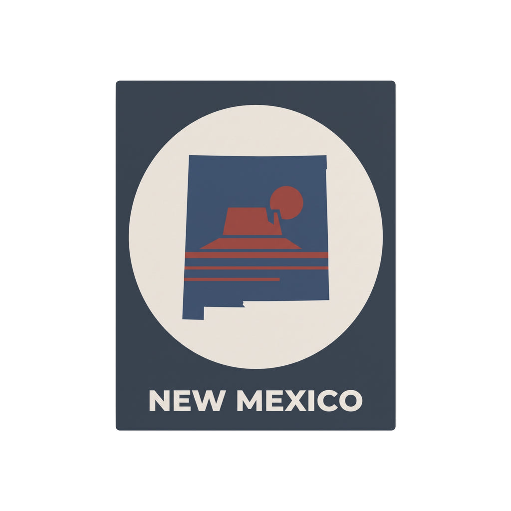 New Mexico metal silhouette wall sign, dark blue square with white oval and “NEW MEXICO” text
