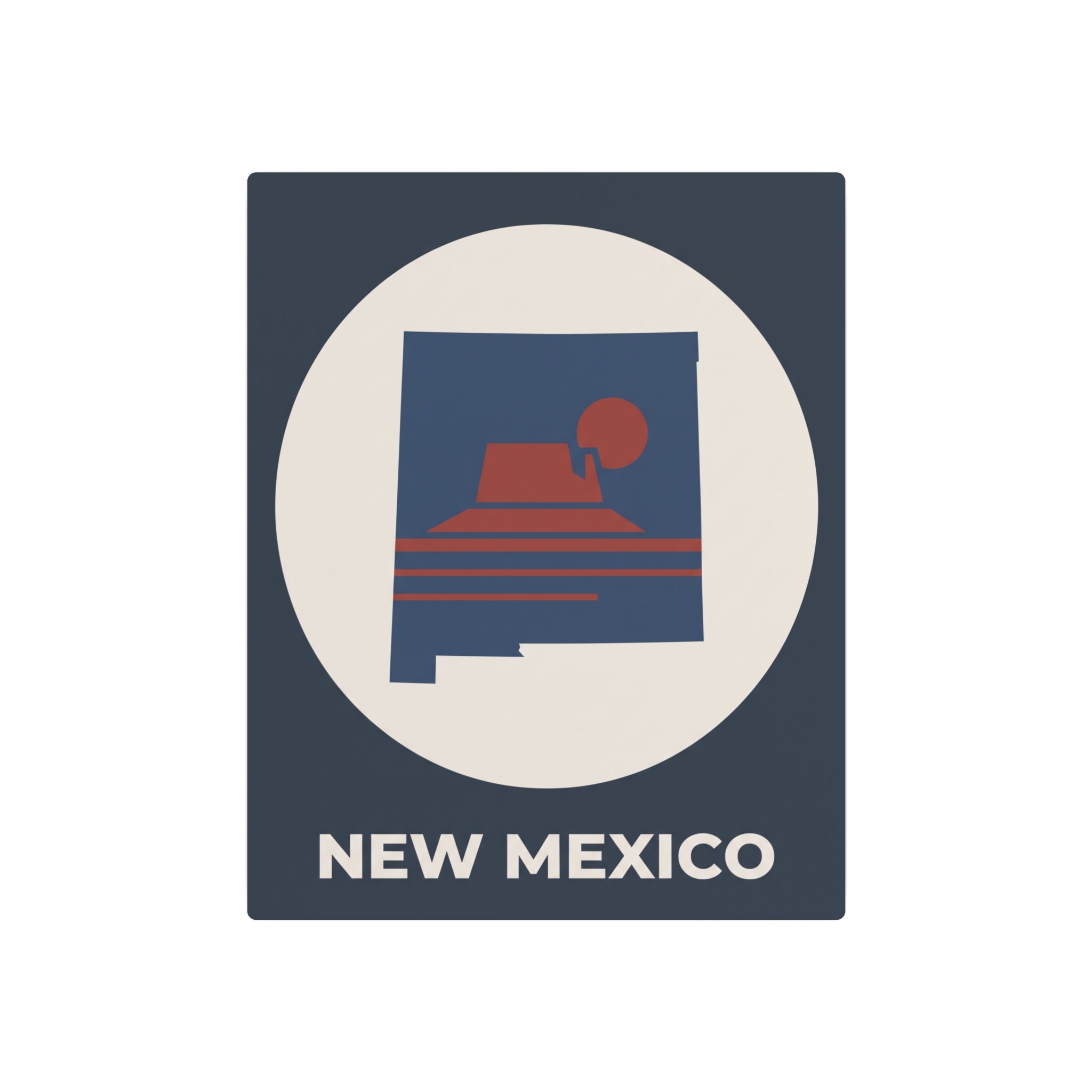 New Mexico metal silhouette wall sign, dark blue square with white oval and “NEW MEXICO” text