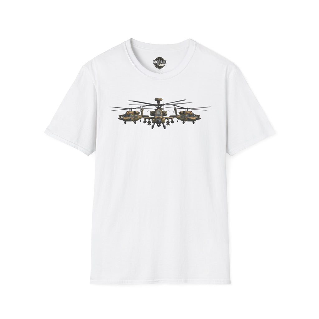 White T-shirt with multi-helicopter formation graphic on the chest