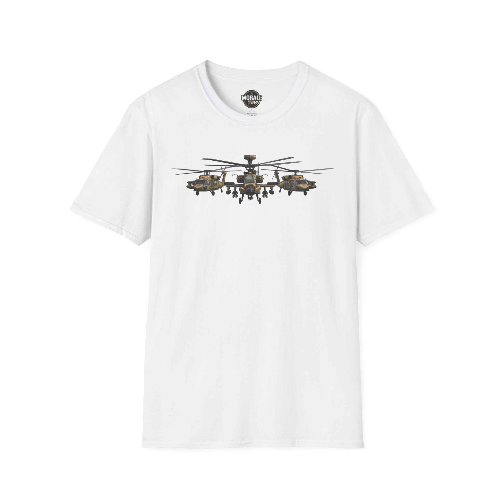 White T-shirt with multi-helicopter formation graphic on the chest
