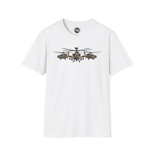 White T-shirt with multi-helicopter formation graphic on the chest