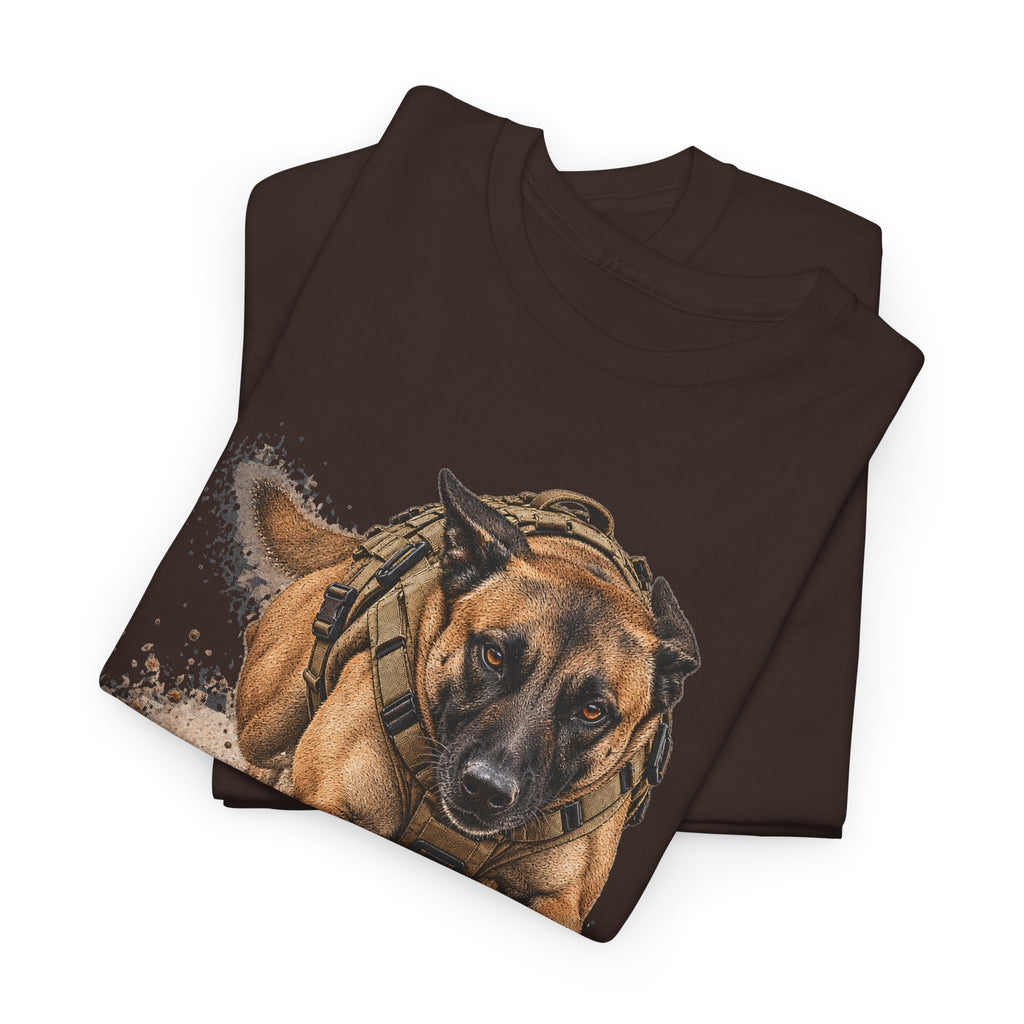 Dark brown tactical working dog graphic T-shirt with Belgian Malinois face and headset