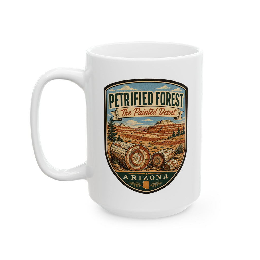 White ceramic mug with front graphic: Petrified Forest Painted Desert, Arizona text and scene
