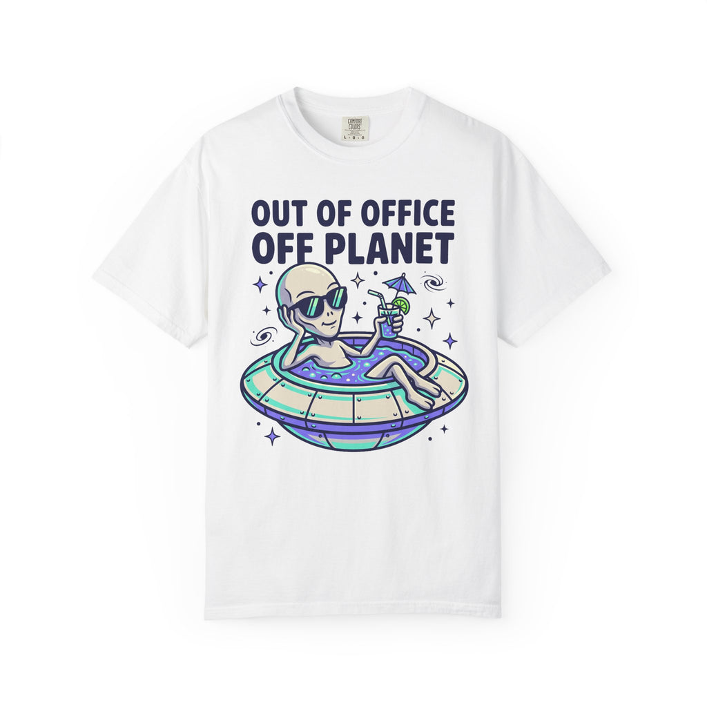 White alien floatie T-shirt with “OUT OF OFFICE OFF PLANET” graphic on front
