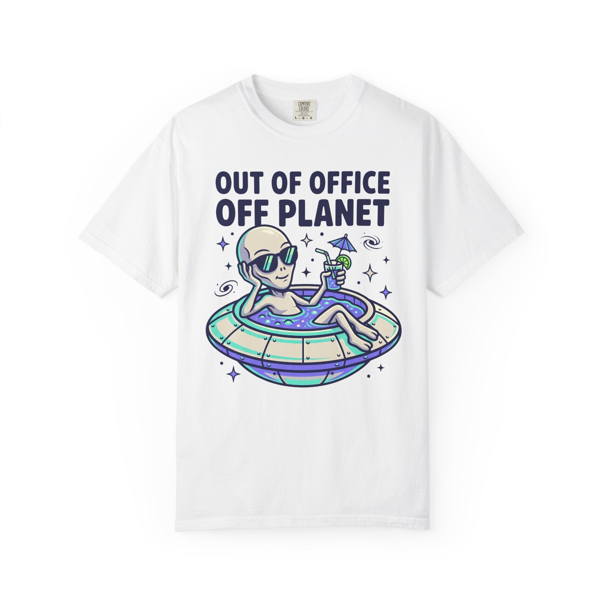 White alien floatie T-shirt with “OUT OF OFFICE OFF PLANET” graphic on front