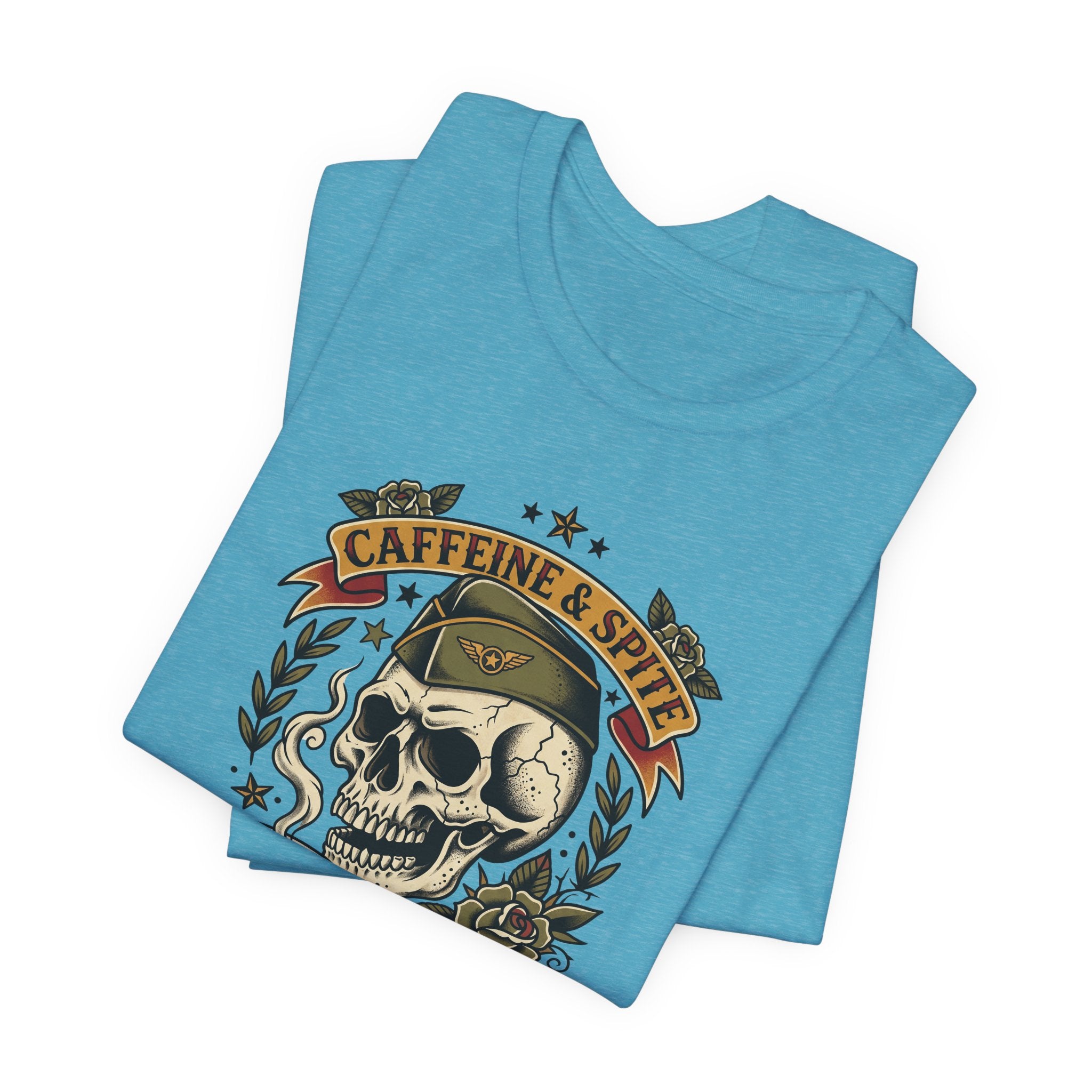 Teal T-shirt with Caffeine & Spite skull coffee graphic on front