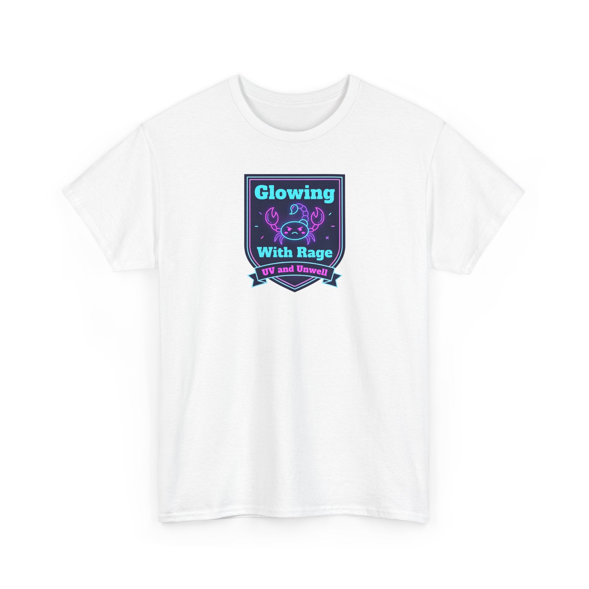 White crewneck tee with glowing neon shield logo and ribbon text