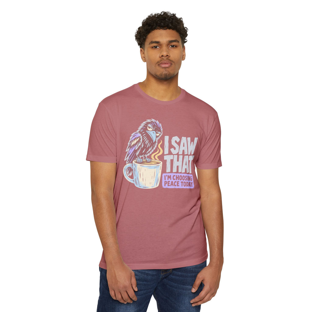 Rose T-shirt with raven and peace coffee graphic, crew neck, short sleeves
