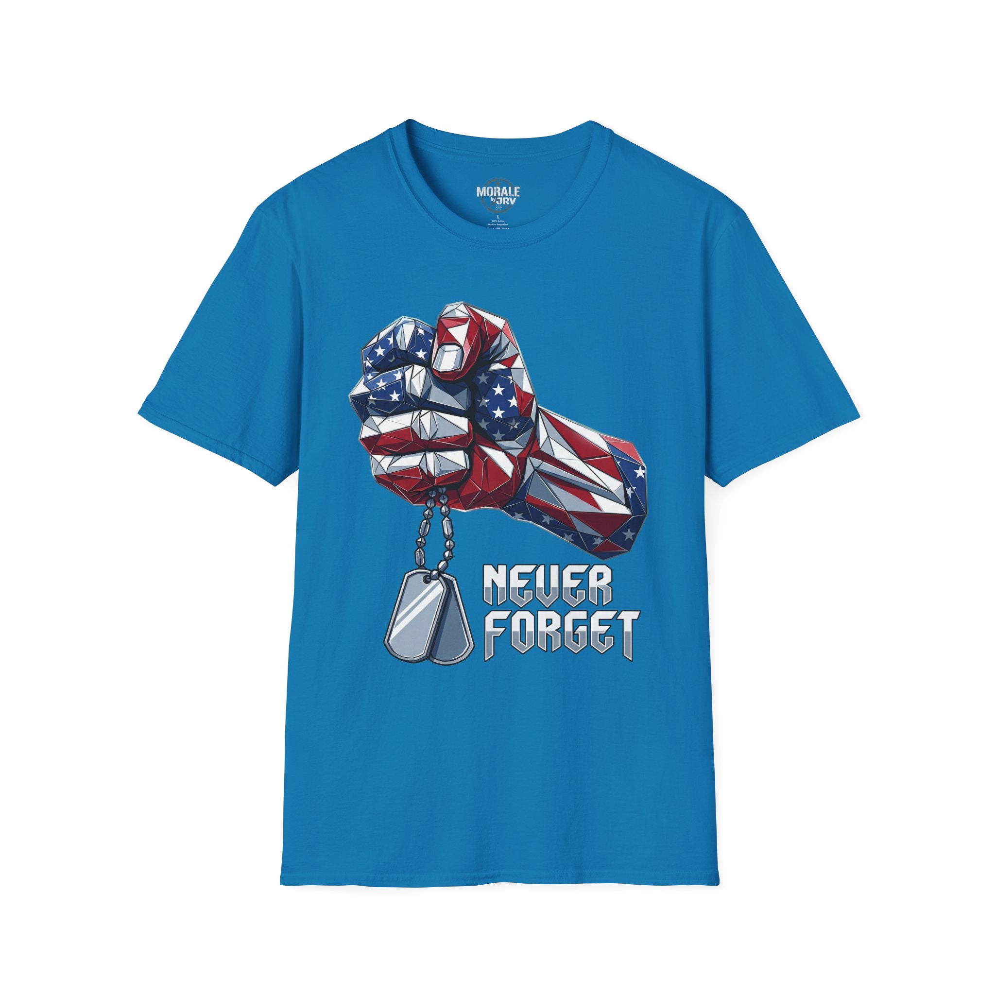 Bright blue T-shirt with patriotic fist, dog tags, and “Never Forget” lettering