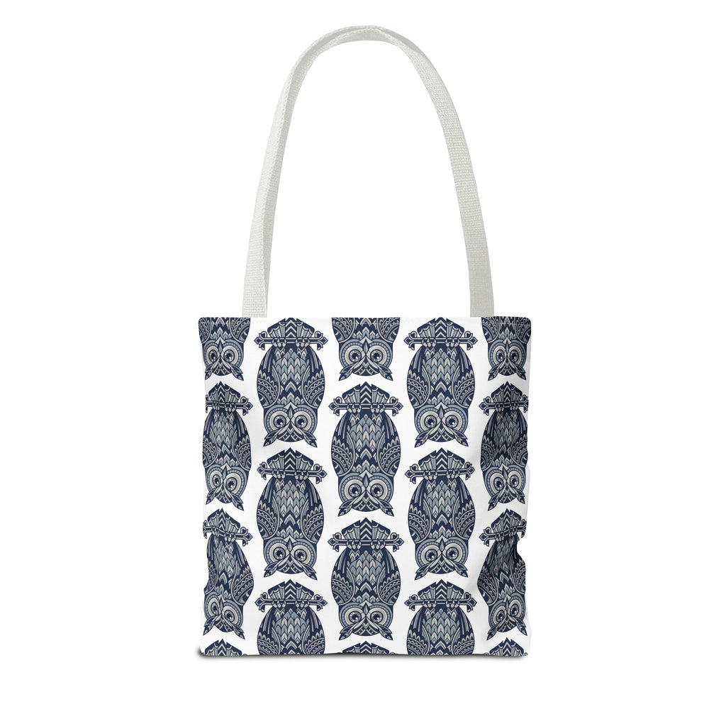 Owl pattern tote bag with light gray handles, repeating blue and white owl illustration print.