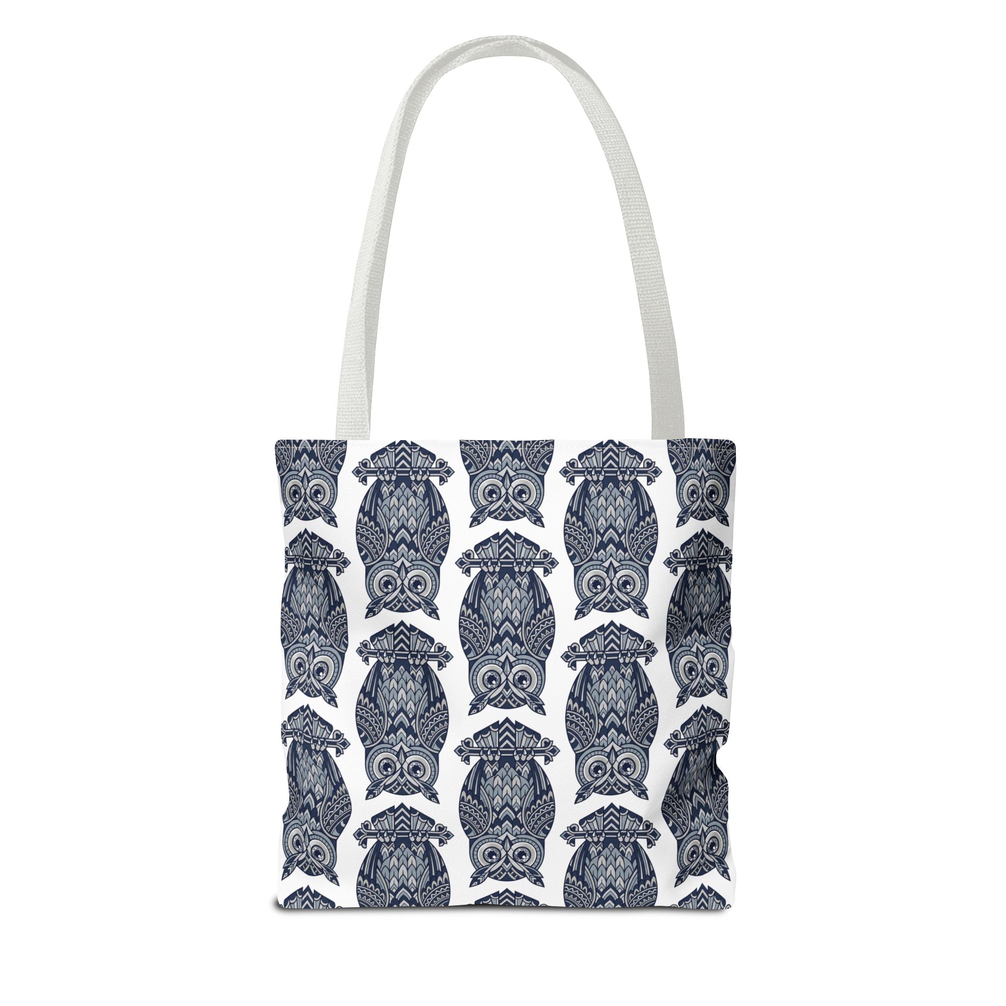 Owl pattern tote bag with light gray handles, repeating blue and white owl illustration print.