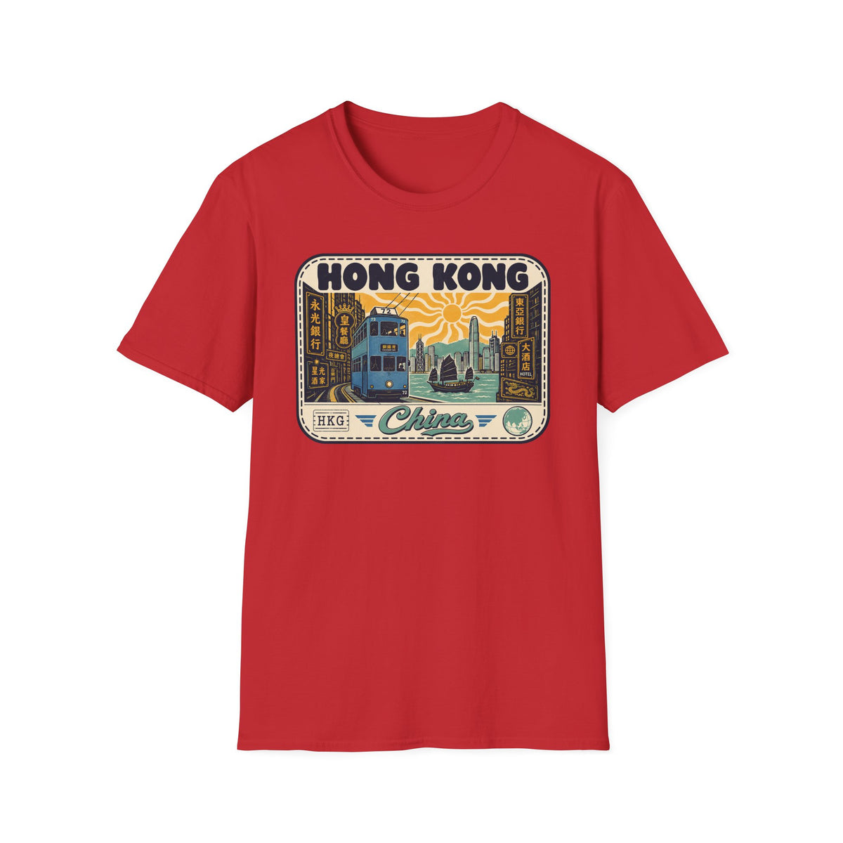Red short-sleeve T-shirt with vintage Hong Kong tram graphic print on front