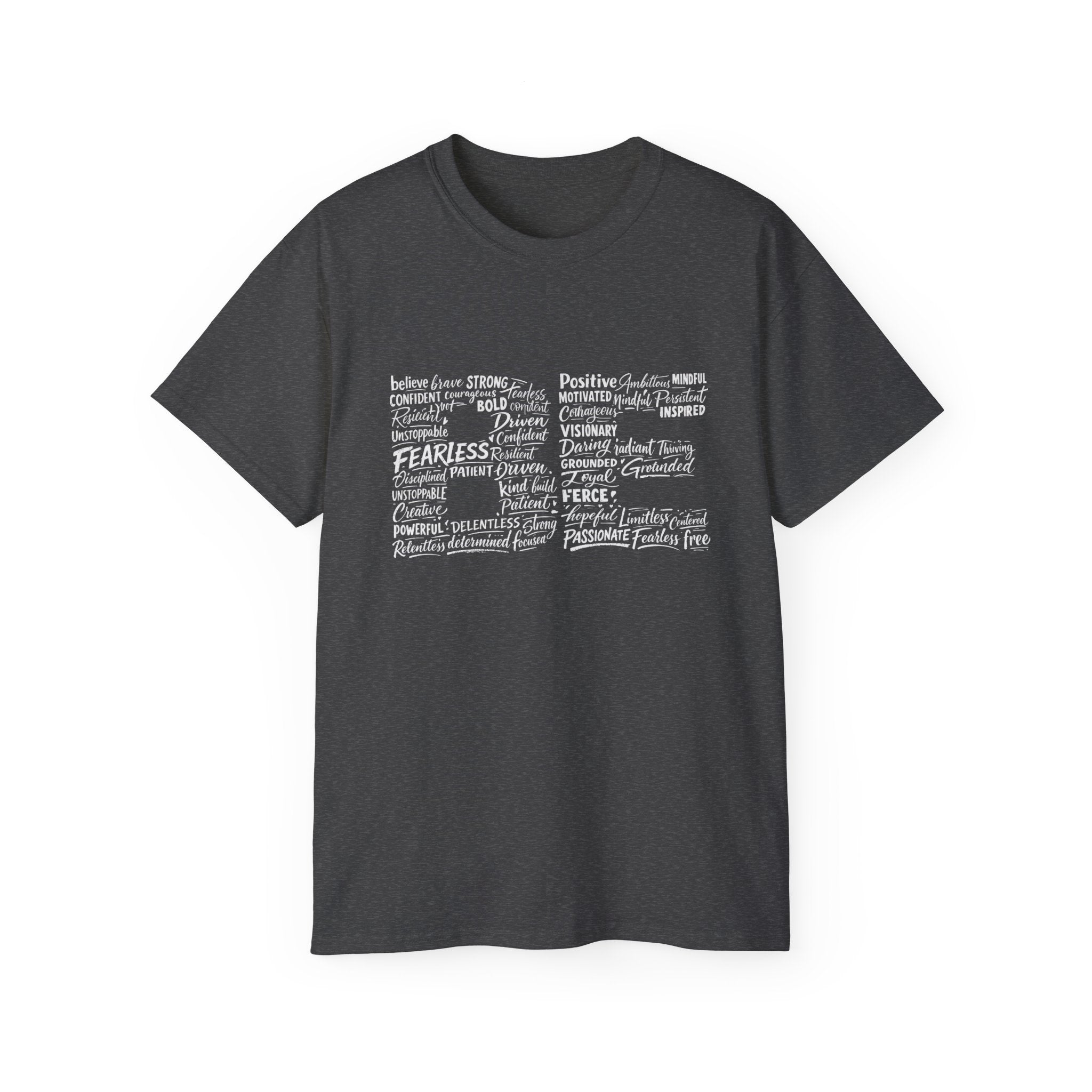 Life word cloud T-shirt in Dark Heather with inspirational typography print