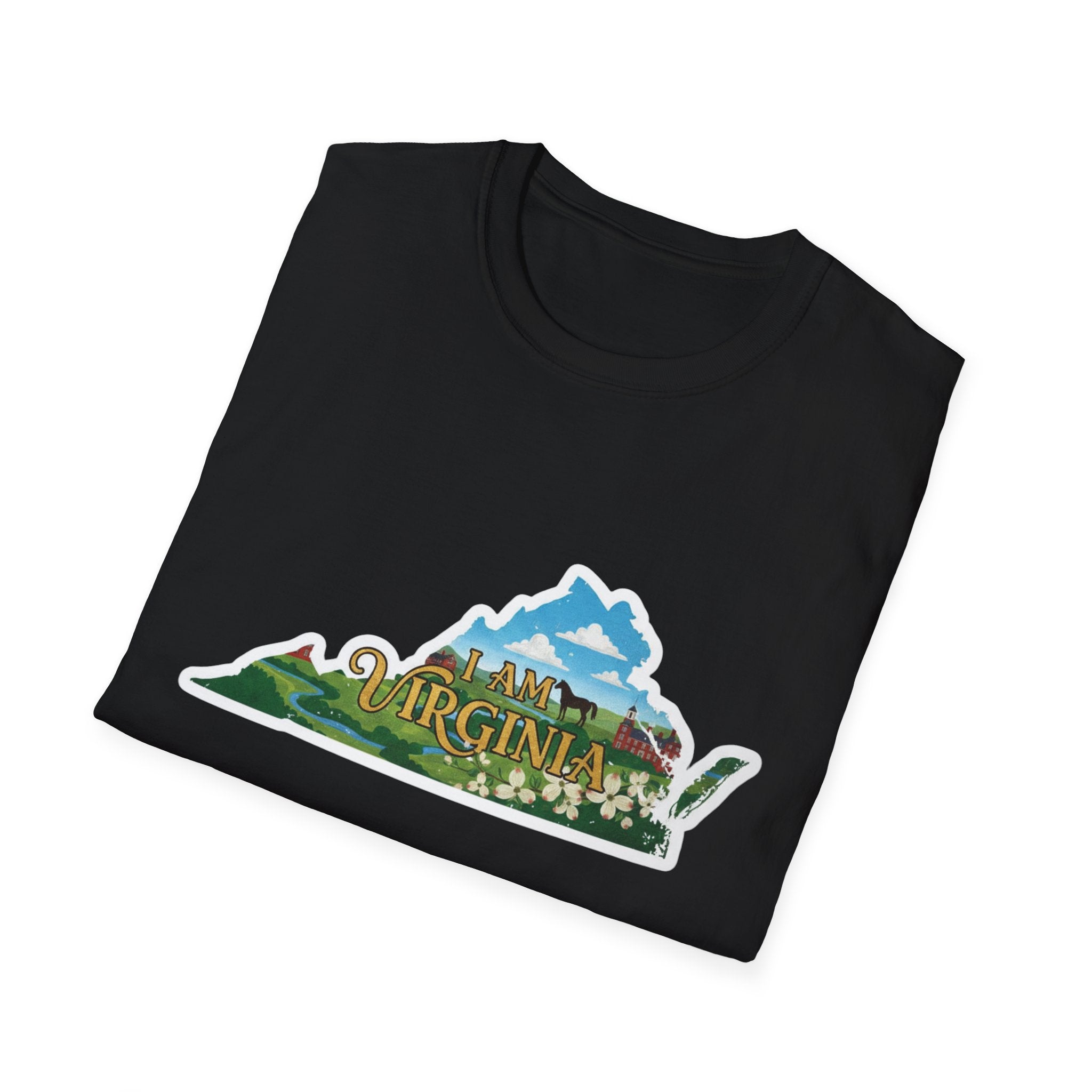 Black T-shirt with Virginia scenic landscape front graphic