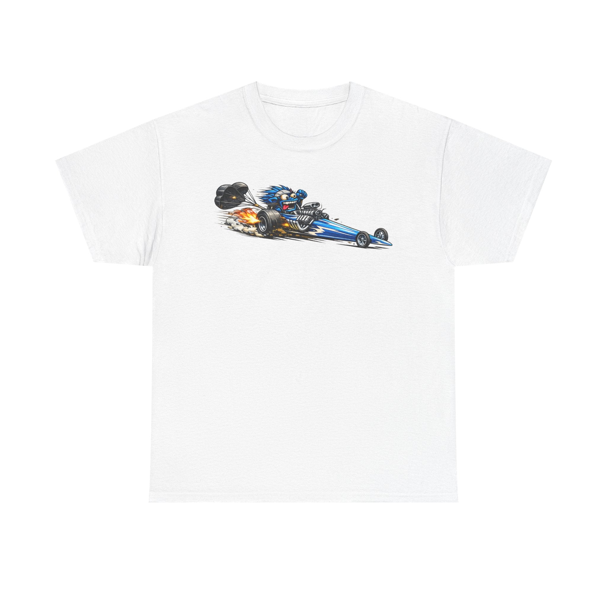 White graphic tee with flaming dragster hot rod car front print