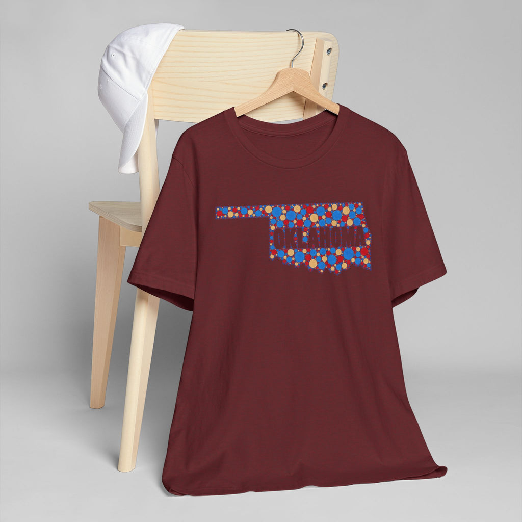 Burgundy crew-neck t-shirt with multicolor Oklahoma floral map graphic