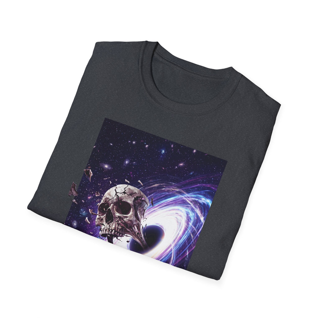 Cosmic skull galaxy T-shirt with cosmic skull and vortex graphic, dark front