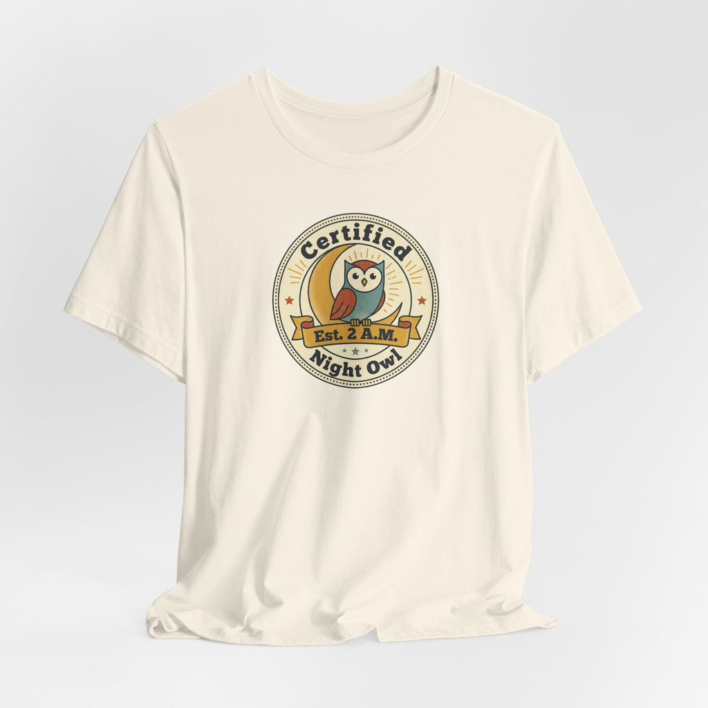 Light cream Night Owl badge graphic T-shirt with round Certified logo on front