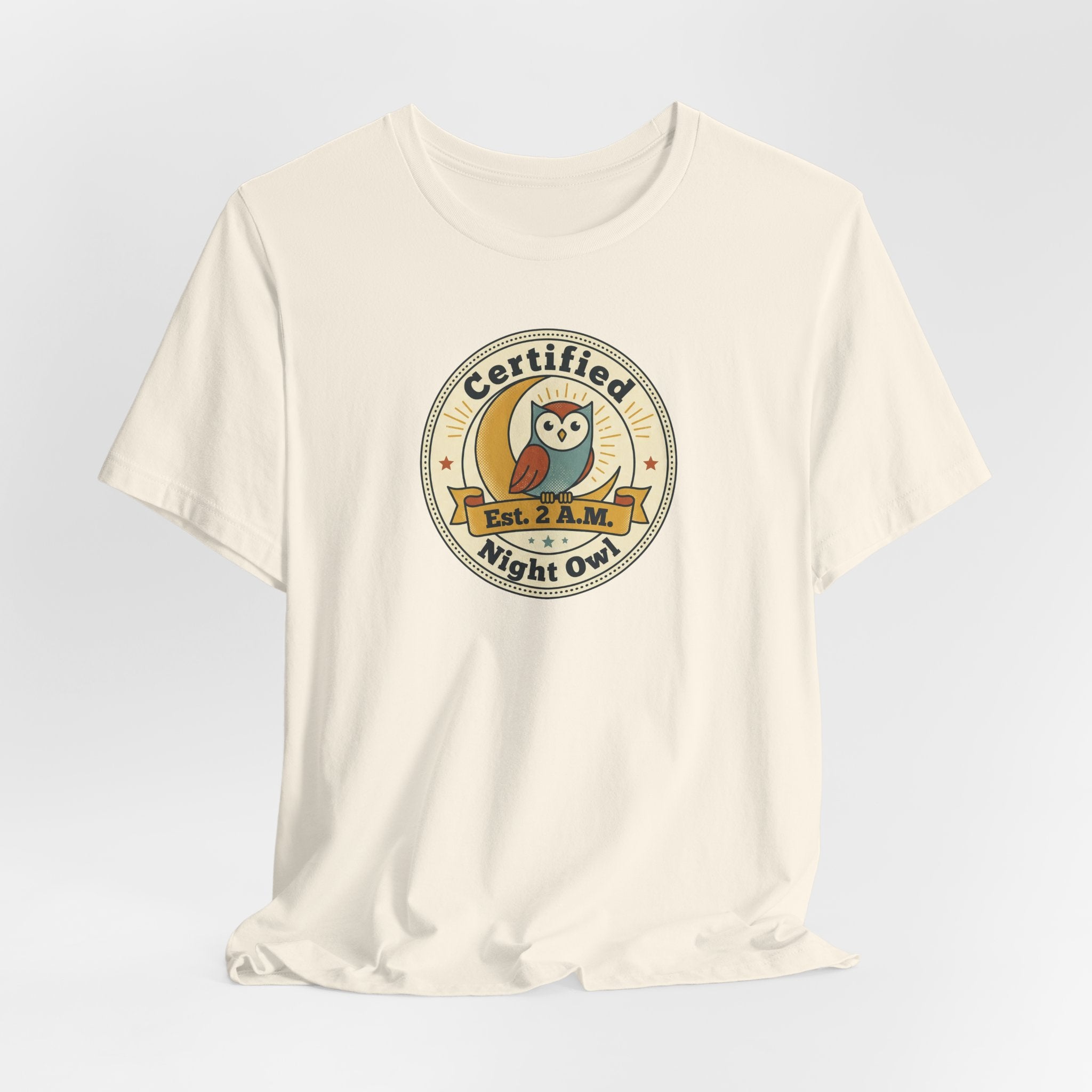 Light cream Night Owl badge graphic T-shirt with round Certified logo on front