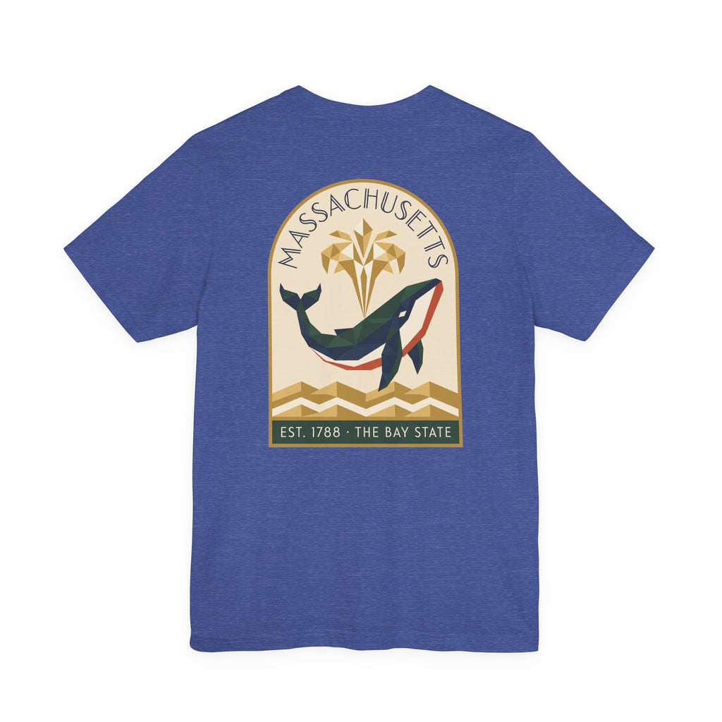 Blue T-shirt with whale and Massachusetts emblem graphic