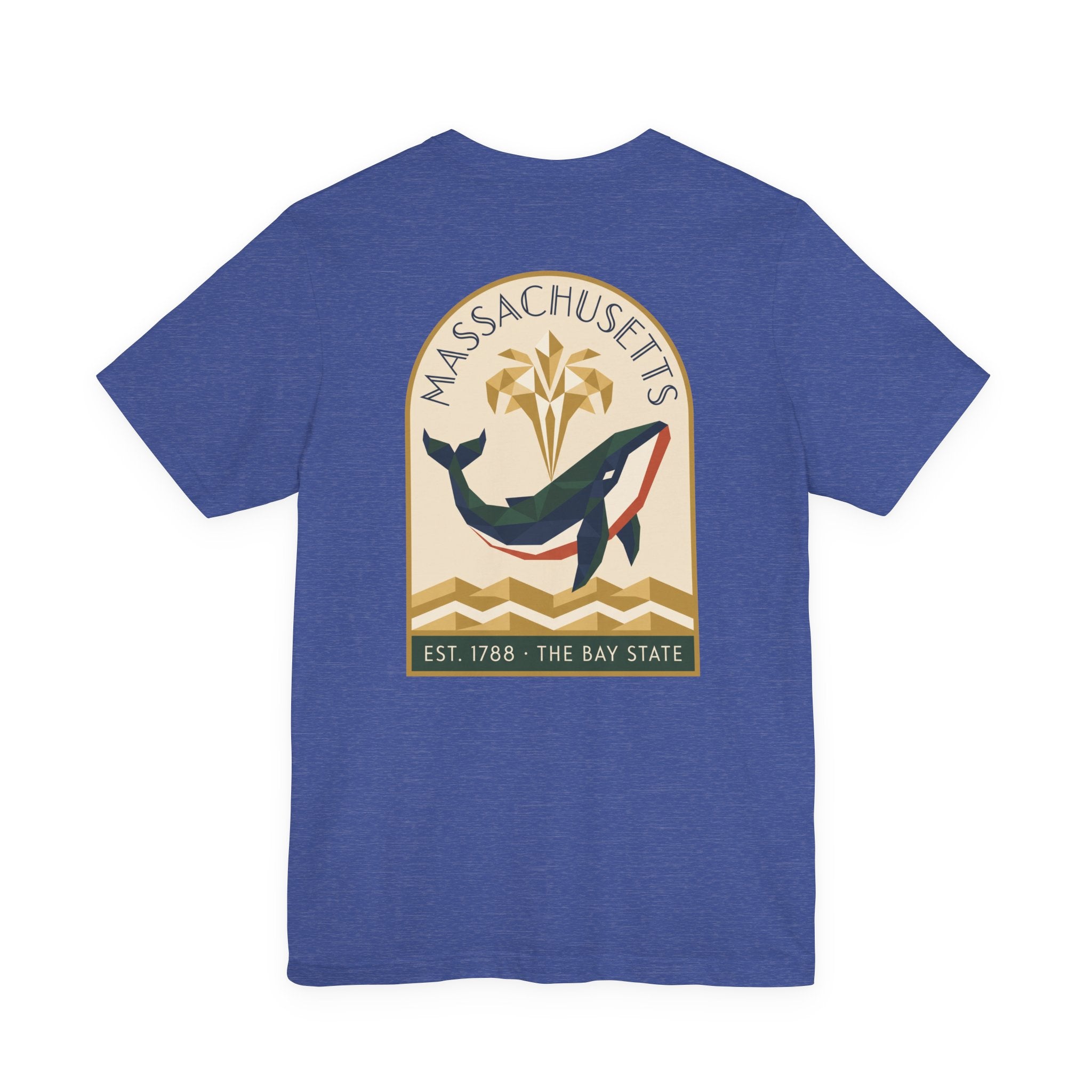 Blue T-shirt with whale and Massachusetts emblem graphic