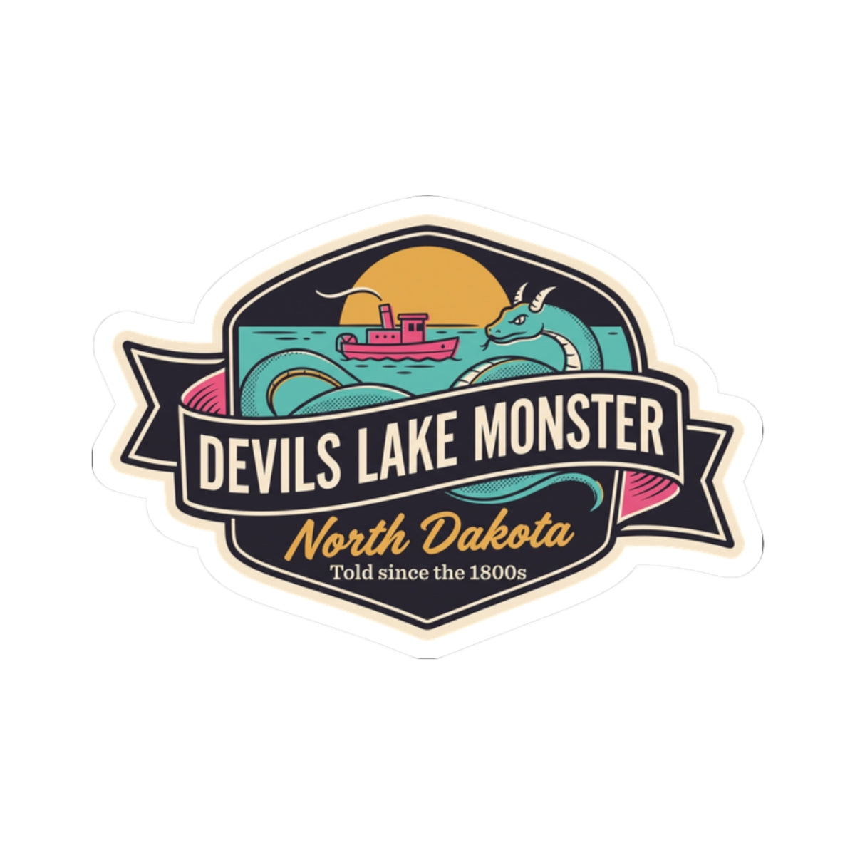Kiss-cut sticker featuring teal lake monster, pink boat, and “Devils Lake Monster”