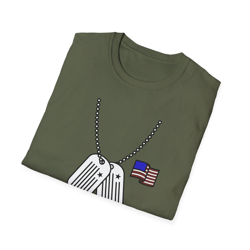 Military green graphic T-shirt with dog tag chain and American flag print