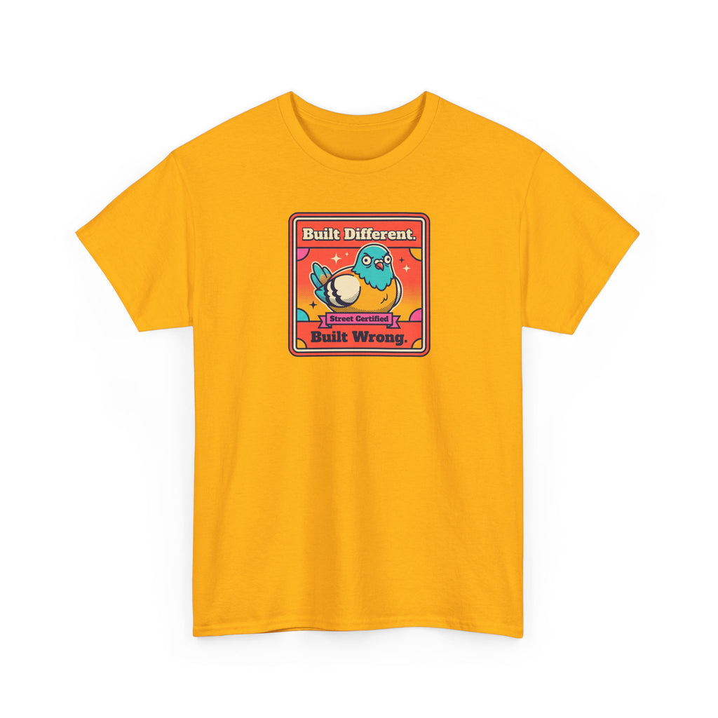 Orange T-shirt with bird slogan graphic, front
