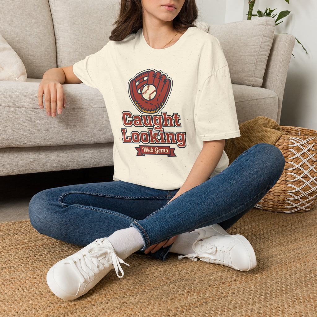 Cream baseball t-shirt with vintage glove “Caught Looking” graphic on chest