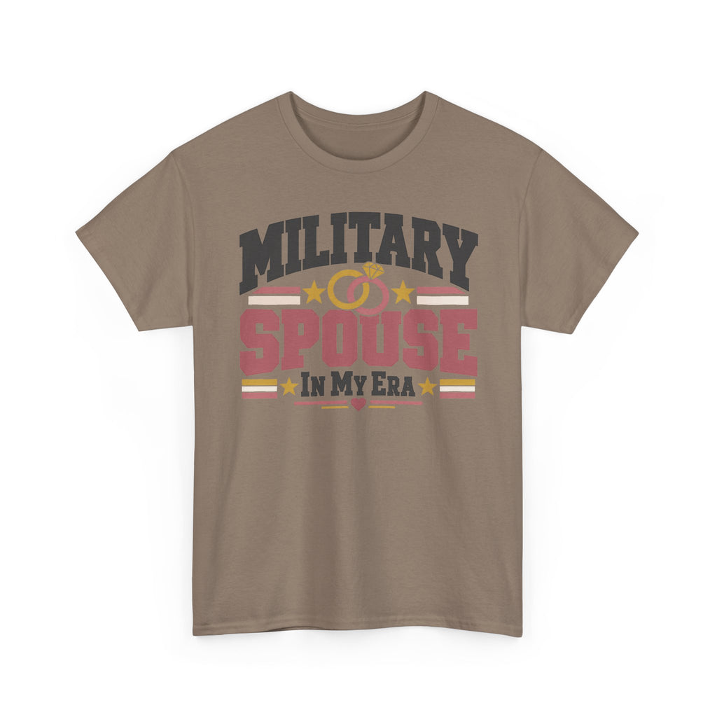 Unisex brown T-shirt with “MILITARY SPOUSE IN MY ERA” graphic and stars