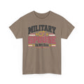 Unisex brown T-shirt with “MILITARY SPOUSE IN MY ERA” graphic and stars