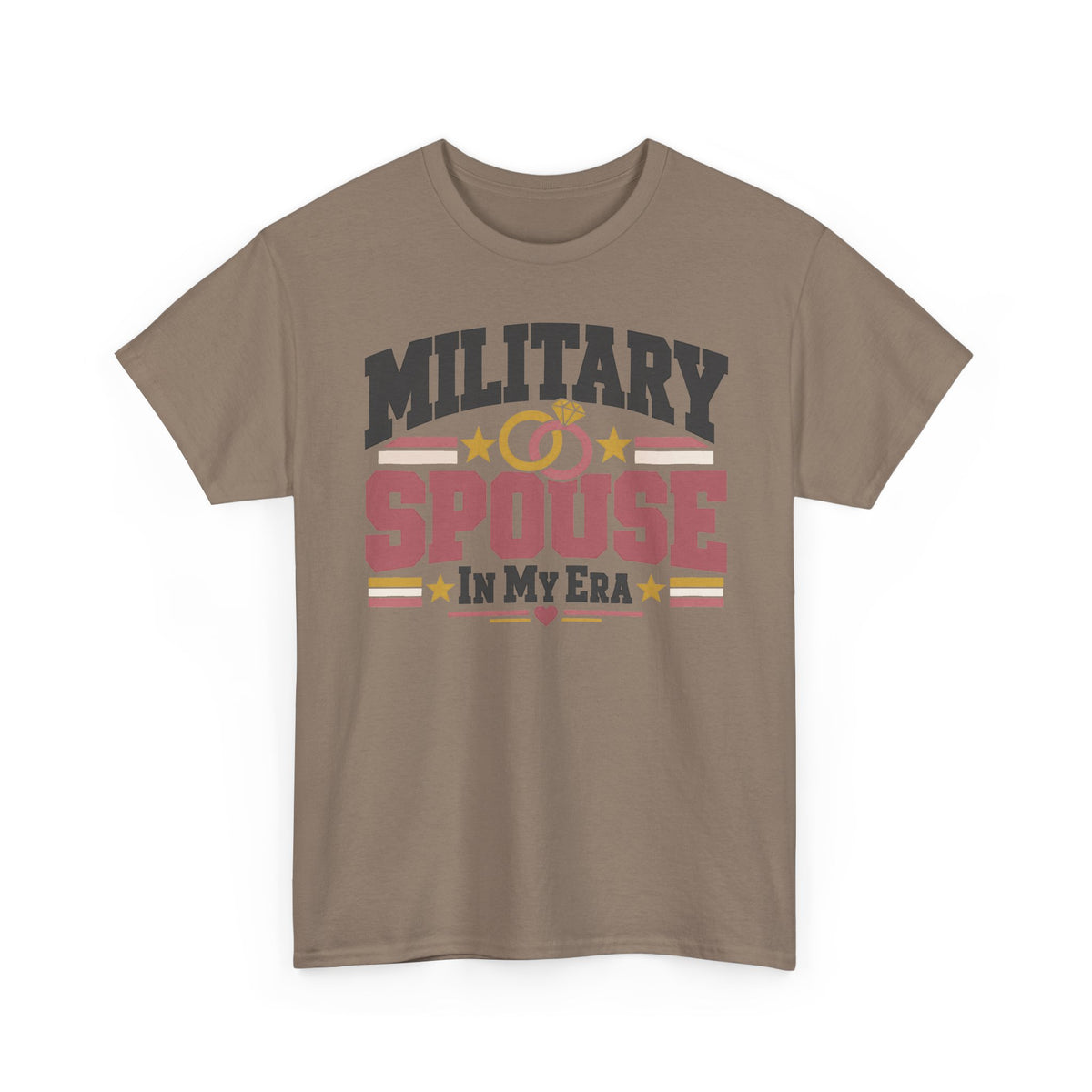 Unisex brown T-shirt with “MILITARY SPOUSE IN MY ERA” graphic and stars