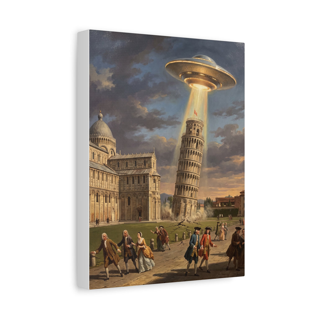 UFO abduction canvas print in vertical view with saucer above Leaning Tower