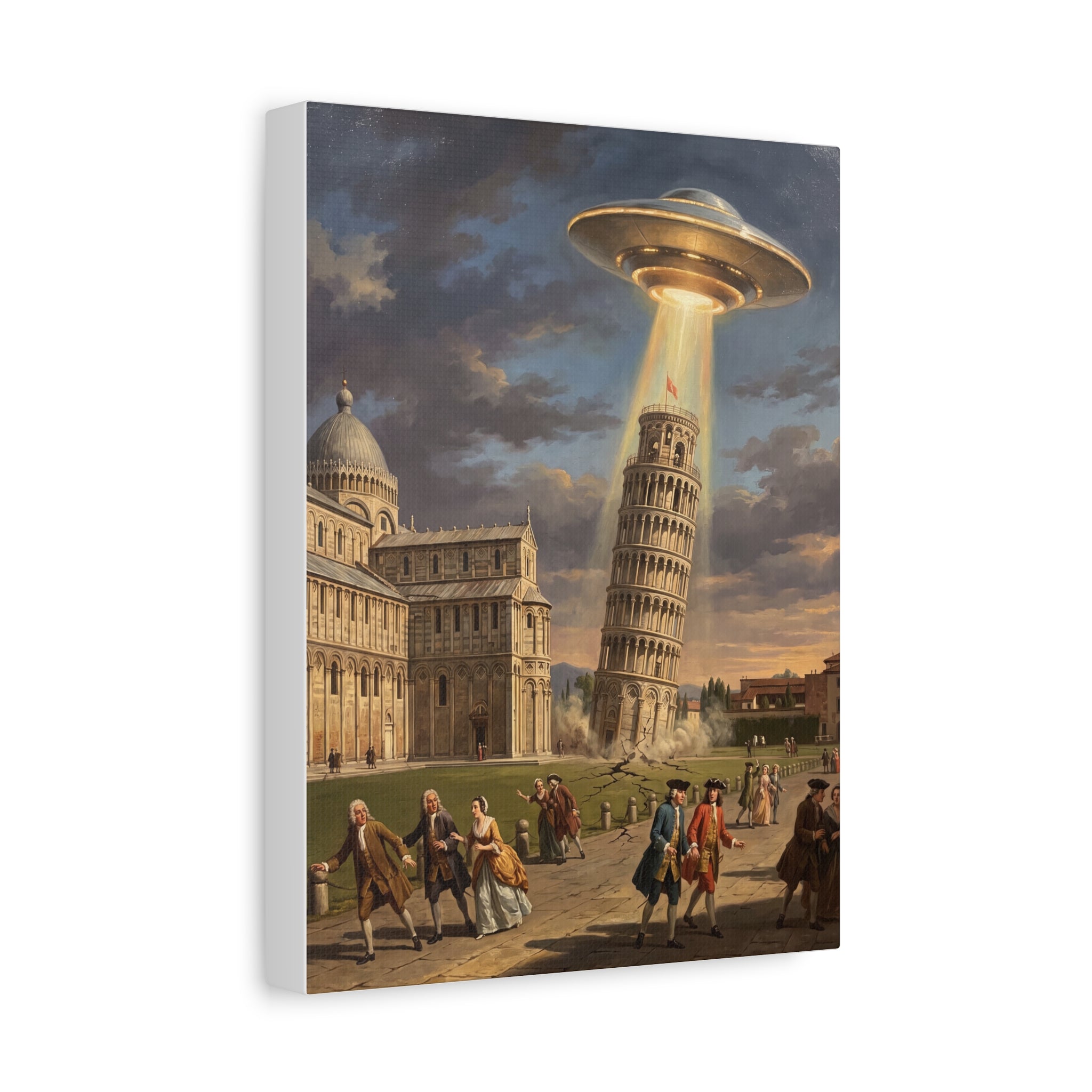UFO abduction canvas print in vertical view with saucer above Leaning Tower