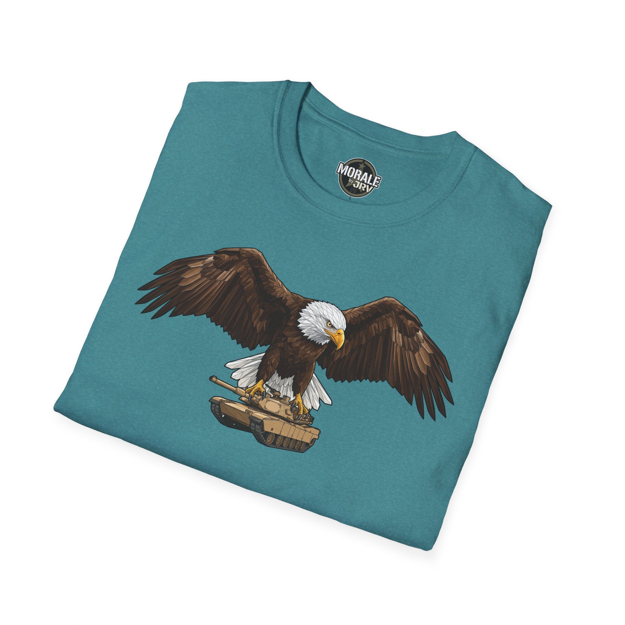 Heather Galapagos Blue T-shirt with eagle over tank graphic, crew neck
