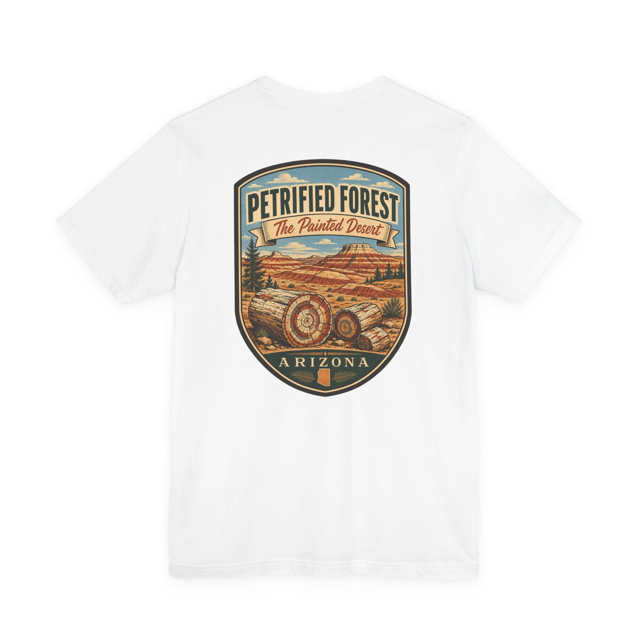 White T-shirt with Petrified Forest Arizona shield graphic on back