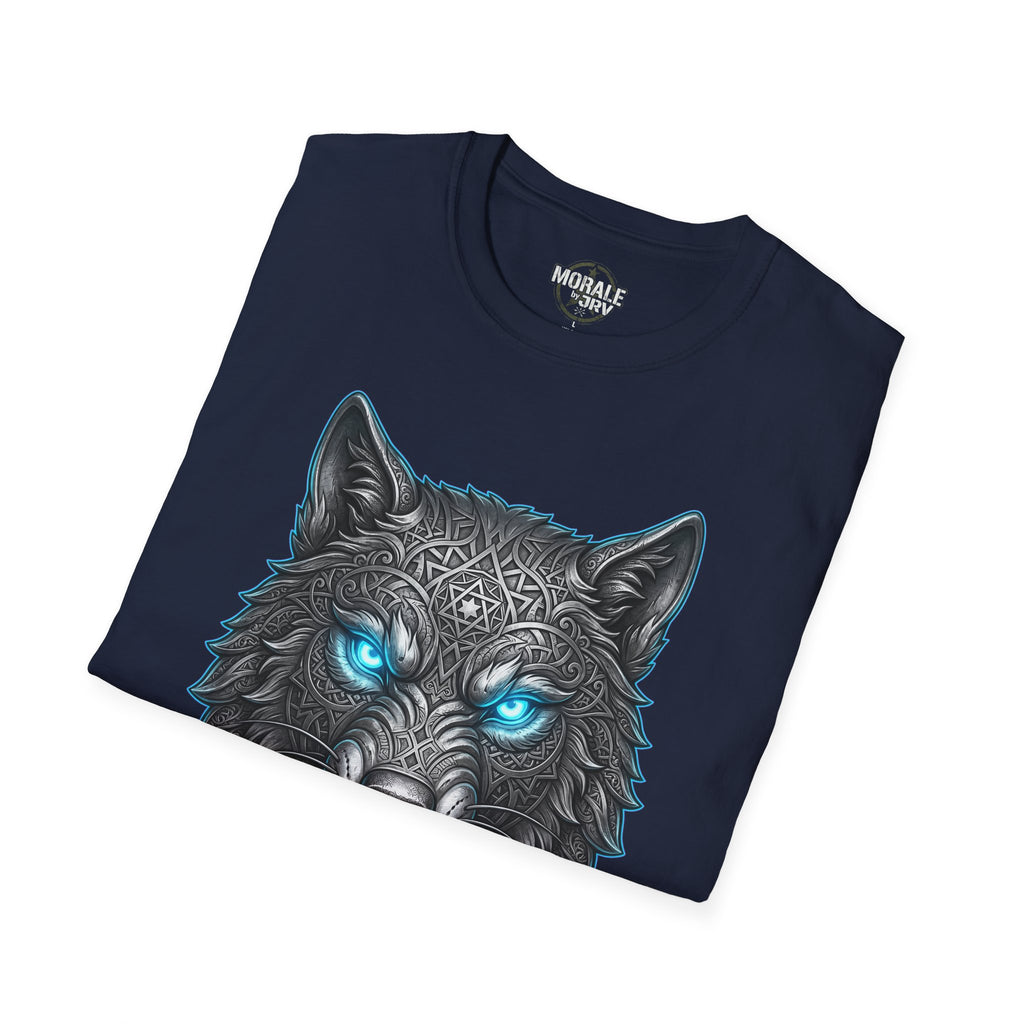 Navy T-shirt with wolf head illustration and bright blue glowing eyes