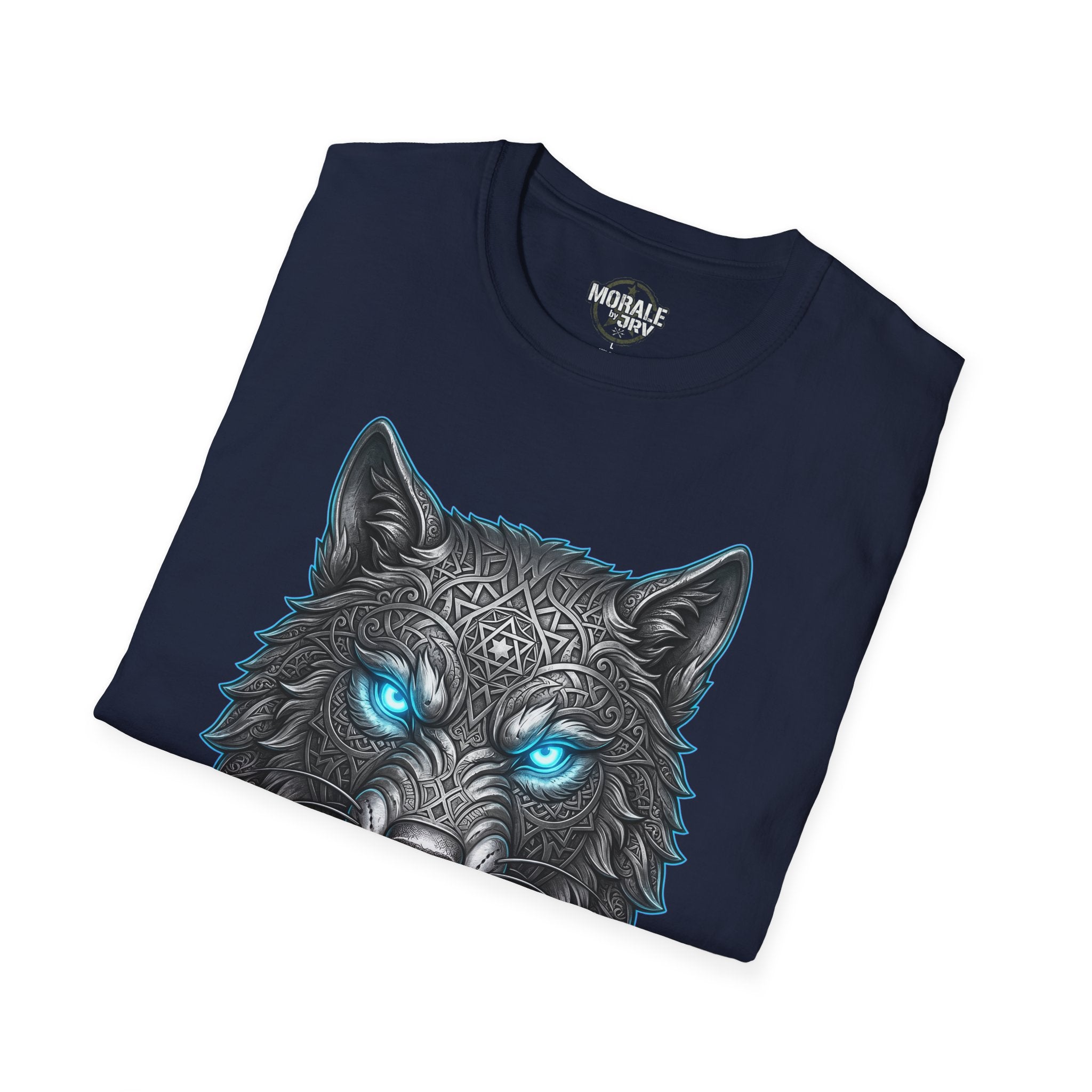 Navy T-shirt with wolf head illustration and bright blue glowing eyes