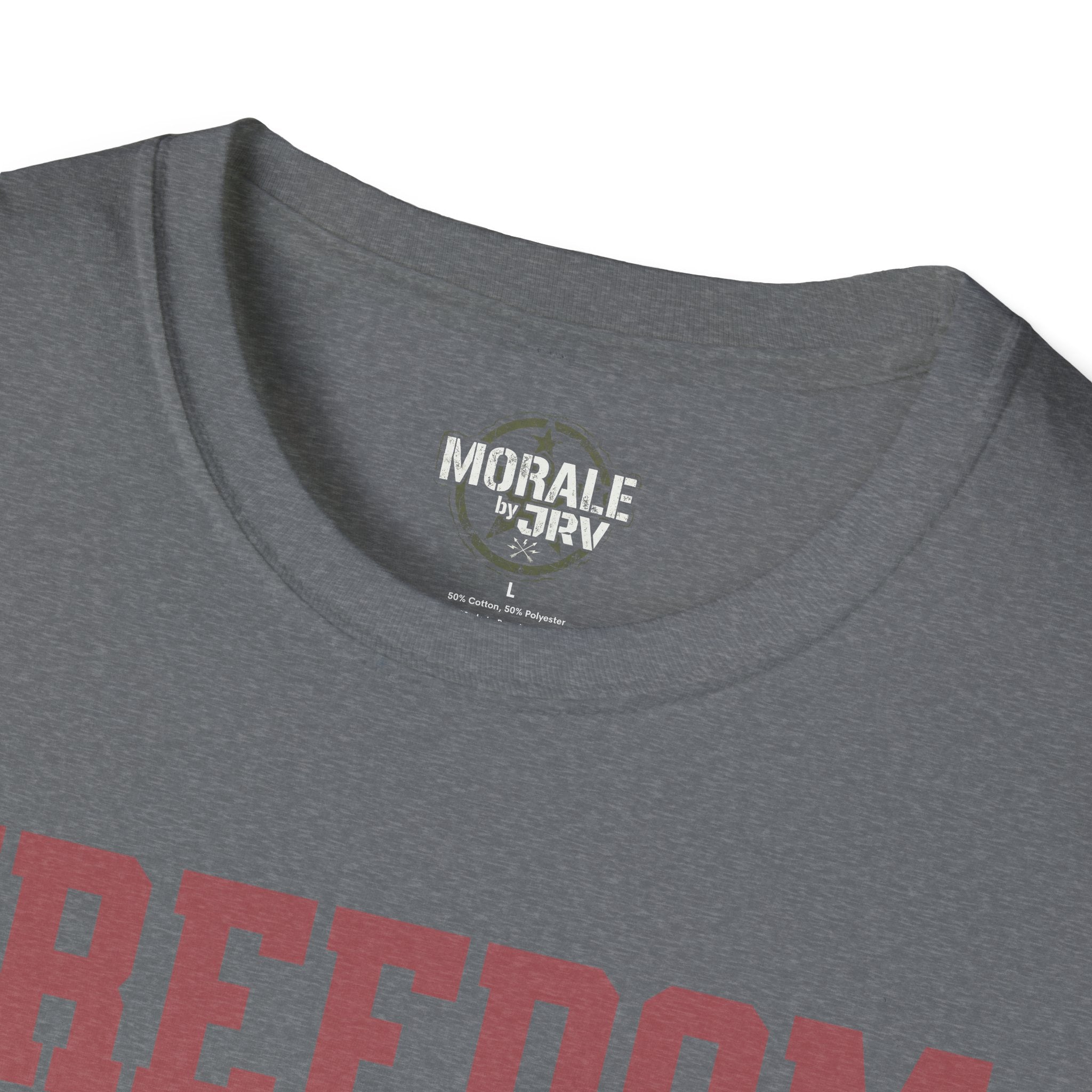 Dark heather crew neck with small chest logo label inside collar