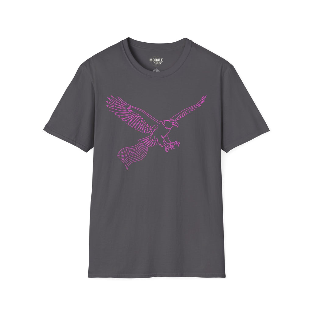 Charcoal gray t-shirt with minimalist eagle line-art outline graphic in purple.