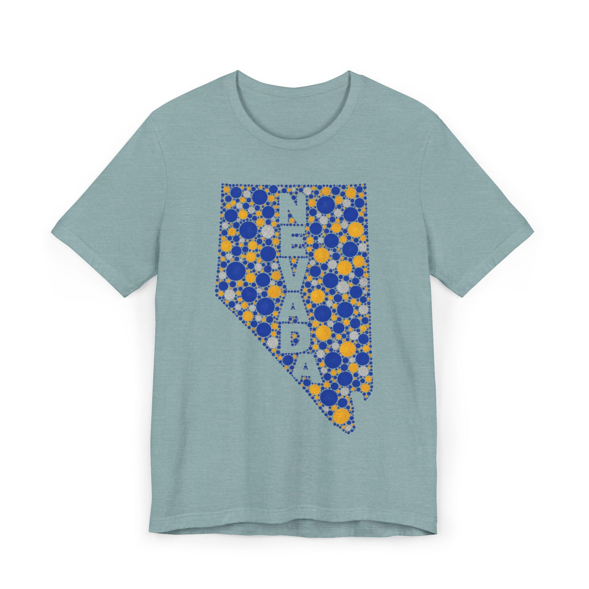 Light blue T-shirt with blue and gold polka-dot Nevada map graphic on the chest