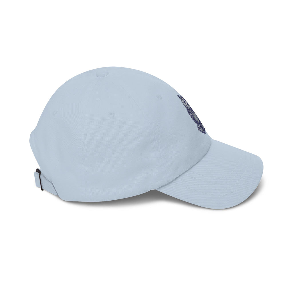 Light blue dad cap with embroidered owl patch, curved brim, rear strap