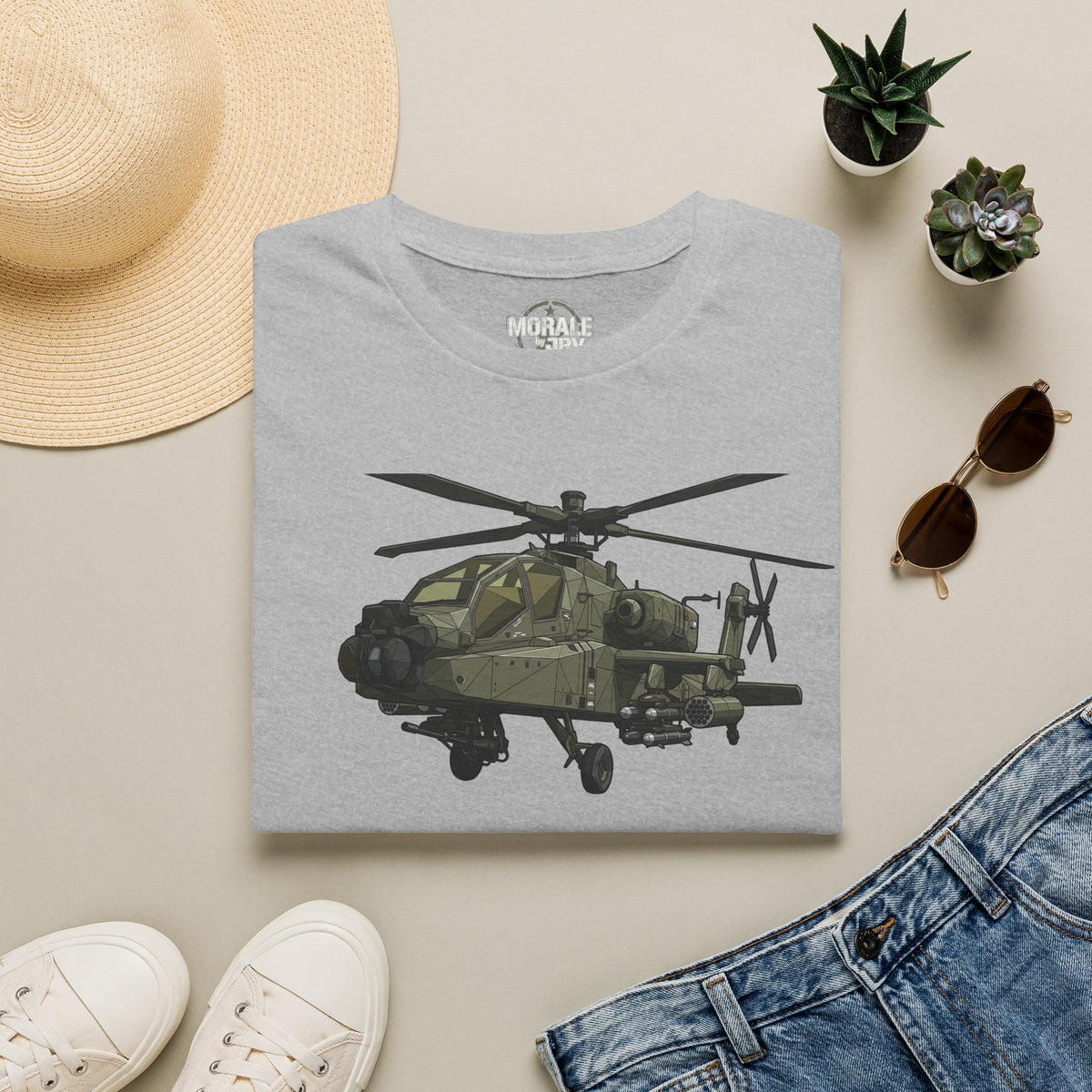 Heather gray AH-64 Apache helicopter t-shirt with front military aircraft print